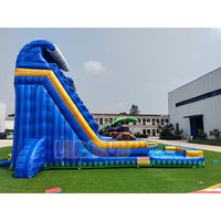 Toboggan aquatique gonflable en PVC irisé commercial avec piscine, toboggan aquatique tropical à thème palmier pour enfants et adultes, divertissement en plein air