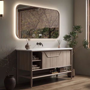 Villa Modern Lacquer MDF Smart <b>Mirror</b> Bathroom Cabinet with Integrated Basin Curved Design <b>for</b> Hospital Use - Product Image 2