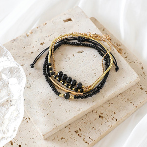 4 Uds. De cuerda negra apilable Bohemia ajustable chapado en oro con cuentas de arroz, pulsera elástica, conjunto de pulsera, regalo de verano para mujer - Product Image 3