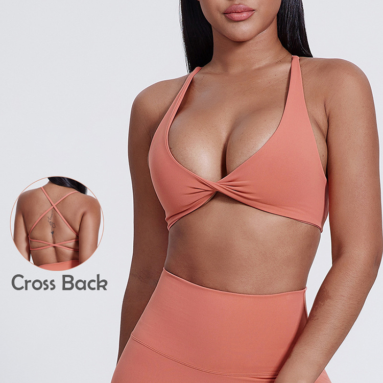 Women's V-Neck Twist Front Yoga Crop Top Reversible Breathable Medium Support Spandex Cotton Gym Workout Bra