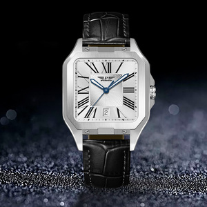 PINDU Luxury Business Square <b>Men's</b> Automatic Mechanical <b>Watch</b> Roman Numeral Dial Date Display Luminous Leather Strap - Product Image 1