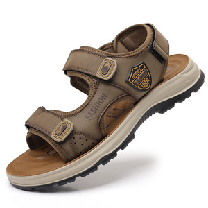 Men's Flat <b>Sandals</b> Gray Khaki Velcro Closure Breathable Non-slip Soft Sole Outdoor Casual Beach Shoes Adult Size 40-45 - Product Image 5