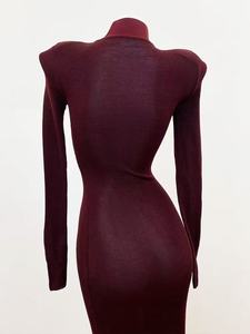 Abito Lungo da Donna Autunno Inverno, Collo Alto, Aderente, Sottile, Sexy, <span class=keywords><strong>in</strong></span> <span class=keywords><strong>Maglia</strong></span> a Maniche Lunghe, Colore <span class=keywords><strong>Bordeaux</strong></span> - Product Image 5