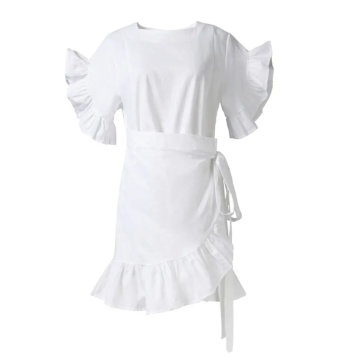 Pakaian Gaun Wanita Kustom Tongrui 2022 Gaun Pendek Lengan Kerut Linen Katun Pendek Gaun Pendek Kasual Panjang Mini untuk Wanita