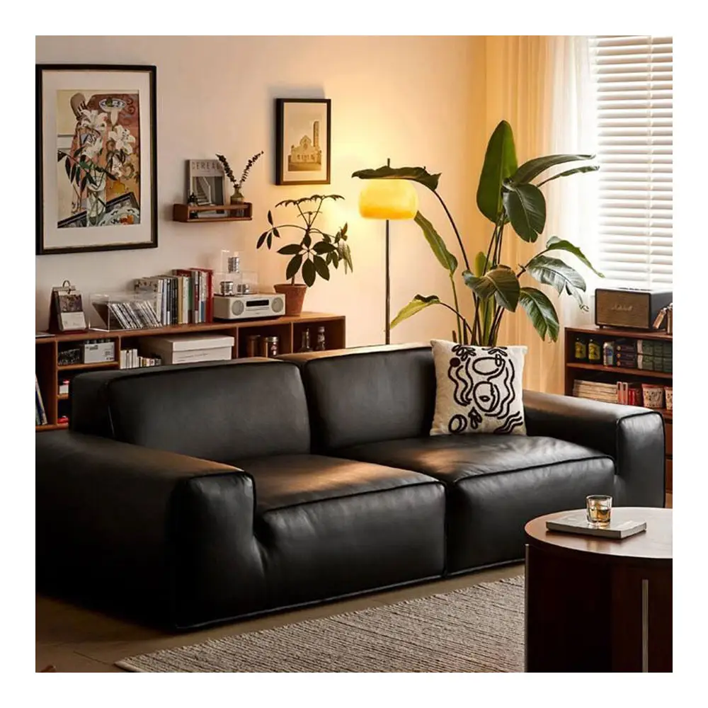 Furnitur Sofa kulit minimalis Italia, tahu blok Modern sapi hitam besar Sofa ruang tamu