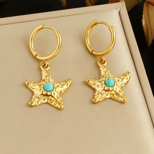 Pendientes Colgantes con Forma de Estrella de Mar de la Serie <span class=keywords><strong>Dina</strong></span> Starfish con Incrustaciones de Turquesa, Chapados en Oro de 18K, Acero Inoxidable, Joyería Moderna para Mujer - Product Image 1