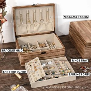Solid Wood Jewelry <b>Box</b> Double Layer With Necklace Hooks Bracelet Grid Rings Tray Earrings Storage Organizer <b>Vintage</b> Style - Product Image 3