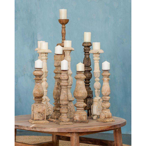 Vintage Style Wooden <b>Candle</b> Holders <b>Set</b> With Carved Details Varied Heights And Rustic Finish Perfect For Elegant Home Decor - Product Image 3