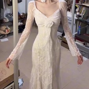 French Style 3D Floral Ribbon Long Sleeve Evening Dress Sweetheart Neckline <b>Sheer</b> Lace Fishtail <b>Maxi</b> <b>Skirt</b> For Women - Product Image 3