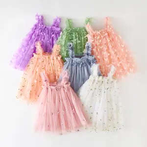 Falda de tul de fiesta para niña bebé, diseños de flocado para niños, vestidos de princesa, vestido de niña sin mangas, vestido de tutú de mariposa 3D