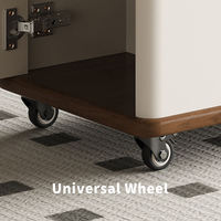Table basse moderne en bois avec plateau relevable sur roulettes, pivotante à 360°, réglable en hauteur, avec rangement caché et étagères ouvertes décoratives