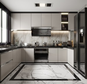 Elegante juego de gabinetes de cocina con estantería abierta, encimera de madera, horno empotrado y tablero de melamina para cocina - Product Image 3