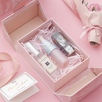 Boîte cadeau rigide en carton magnétique à double ouverture, motif marbre rose, haut de gamme, avec nœud en ruban, logo personnalisé, crème pour le visage et crème pour les yeux