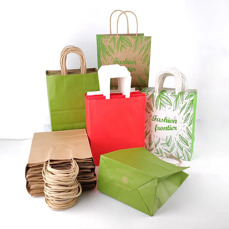 ECO Custom Made Printed Take Out To Go Brown Flat Handle Take Away Fast Food Packaging Kraft Paper Bag Restaurant Carry Bag