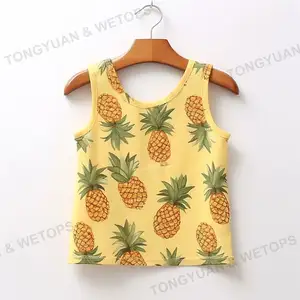 2023夏季儿童衬衫穿儿童黄色菠萝花印花t恤无袖上衣男童背心