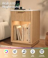 SENYU Lot de 2 tables de chevet cannelées avec station de charge et lumière LED, table d'appoint moderne de style mi-siècle avec tiroir, couleur naturelle