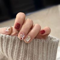 Nouvel An, Noël, style français, faux ongles carrés courts, faits main, épais, pour les fêtes, ongles de couleur porte-bonheur