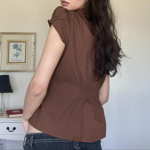 Blusa Casual con Cintura Fruncida y Efecto Adelgazante, Color Liso, Botones Delanteros, Manga Corta Abullonada, Cuello Solapa, Ecológica - Product Image 2