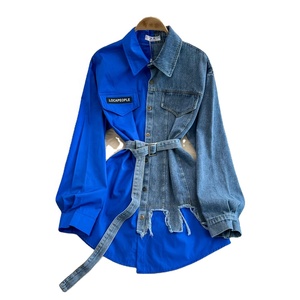 <span class=keywords><strong>Chemise</strong></span> en <span class=keywords><strong>jean</strong></span> à blocs de couleur à taille ajustable avec ceinture, haut mi-long décontracté chic pour <span class=keywords><strong>femme</strong></span>, nouveauté printemps - Product Image 2