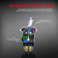 Interrupteur à bascule rond en métal chromé 20A 12V étanche IP67, 16mm, RGB tricolore, 6 broches, marche/arrêt, fil standard IEC