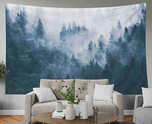 Misty bosque tapiz bosque de árboles con la montaña tapiz blanco y negro fantástico niebla mágica tapiz - Product Image 6