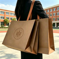 Sac de shopping en papier kraft beige crème recyclé de luxe avec votre propre logo, ruban et nœud pour emballage cadeau, impression personnalisée