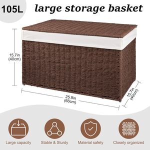 Panier <span class=keywords><strong>de</strong></span> rangement pliable en corde <span class=keywords><strong>de</strong></span> papier 65L-105L avec couvercle, panier à <span class=keywords><strong>linge</strong></span>, panier à couvertures avec doublure amovible séparée - Product Image 2