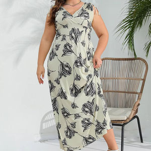 Robe longue d'été en soie glacée pour femmes grandes tailles, à bretelles, imprimée, style européen et américain, pour le commerce transfrontalier - Product Image 1