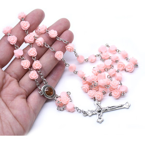 Resina Rosa flor collar Rosario <span class=keywords><strong>Virgen</strong></span> María Cristo cruz cristiana católica cuentas de oración - Product Image 5