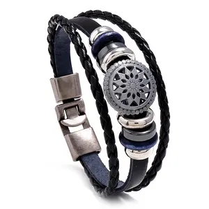 3 Schichten Metalls chnalle Leder Armbänder Männer geflochten schwarz braun weiß Armreif Hohl blatt Holz Perlen Ruder Charm Paar Armband