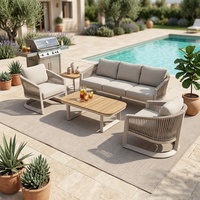 Ensemble de canapés d'extérieur modernes en corde tressée avec structure en aluminium, mobilier de jardin modulable, table basse en teck pour villa, cour, terrasse, hôtel, parc