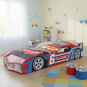 Lit de repos moderne en bois en forme de voiture de course, écologique, avec rangement et roulettes pour enfants de 3 ans et plus - Product Image 2
