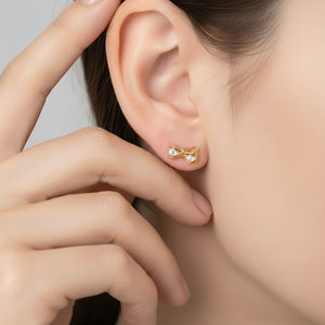 Boucles d'oreilles clous en or jaune massif 18 carats véritable avec diamants naturels, style vintage, nœud papillon, bijoux fins, pour femme, usage quotidien, vente chaude - Product Image 6