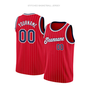 Desain Jersey Basket Poliester Putih Bergaris Merah Premium Bersulam, Dapat Disesuaikan, Cepat Kering dengan Lis Lengan Biru - Product Image 1