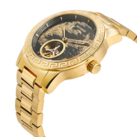 Montre mécanique de luxe en gros avec bracelet en acier doré, cadran gravé motif montagne et rivière chinois vintage, squelette tourbillon pour homme