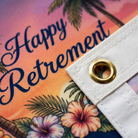 Drapeau décoratif personnalisé en polyester pour la célébration de la retraite, motif tropical coucher de soleil au bord de la mer et chaise de plage