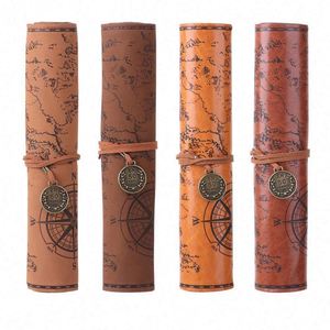 European Vintage Luxury Pu Leather Pen Bag Big Capacity Roll Pencil <b>Case</b> Retro Treasure <b>Map</b> High Quality Plastic - Product Image 1