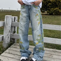 Jean en denim professionnel pour femme, coupe baggy, broderie florale, taille mi-haute, jambe droite ample et large