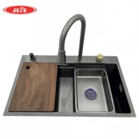Évier de cuisine multifonctionnel en acier inoxydable noir à cuve unique, style cascade, avec robinet cascade et fonction pluie volante