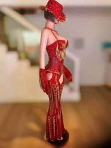 Women Sexy <strong>Sparkly</strong> Rhinestone Red <strong>Bodysuit</strong> 4-Piece Set Dress Dance Costume Spandex/Polyester Nightclub Party Stage Show - Product Image 4