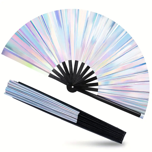 13 Inch Large Holographic Folding Fan Iridescent Festival Rave Fans