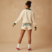 Ensemble de survêtement de tennis pour femmes, sweat-shirt à col polo contrasté, short de sport imprimé, vert crème, 2 pièces, vente en gros