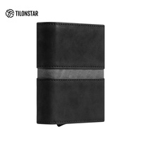 Dompet Kulit RFID pria, dompet kulit minimalis ramping dengan pemegang kartu kredit Pop-up otomatis untuk hadiah