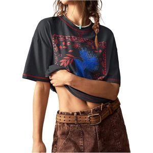 Camiseta Gráfica Boho de Manga Corta para Mujer FOXA, Cuello Redondo, Corte Holgado, Transpirable, de Algodón, Estilo Urbano - Product Image 1
