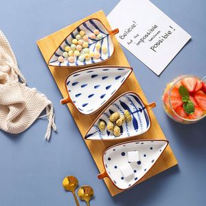 Creative Leaf-shaped Dried Fruit Dish with Wooden Tray <b>Ceramic</b> Snacks Appetizer Fruit Dish Set Kitchen Dipping Bowls Set - Product Image 2