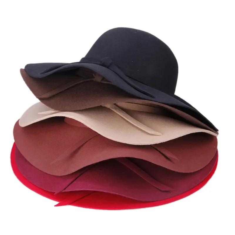 Women Elegant Floppy Felt Fedora Hats Ladies Dress French Style Capeline Solid Color Wide Brim Dome Hats With Bow Tie