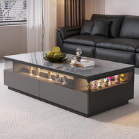 Table basse moderne en MDF gris avec bande lumineuse LED et étagère en verre, grande table de rangement rectangulaire pour salon