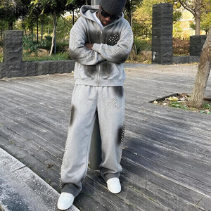 Custom french terry Sweatsuits Unisex Sets Oversized Black Cotton <b>Blank</b> Tracksuits Baggy Straight Leg Sweatpants and Hoodie Set - Product Image 2