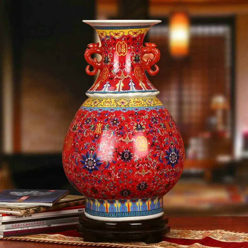 Flor Rosa Vaso para Home Decor Cerâmica Grande Porcelana Decoração De Luxo Alto Chinês Rústico Antigo Esmalte Vasos