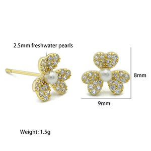 Moda tres trébol CZ 14K amarillo moda damas plata esterlina Pendientes chapados en oro mujeres perla encantadora joyería para niñas - Product Image 4